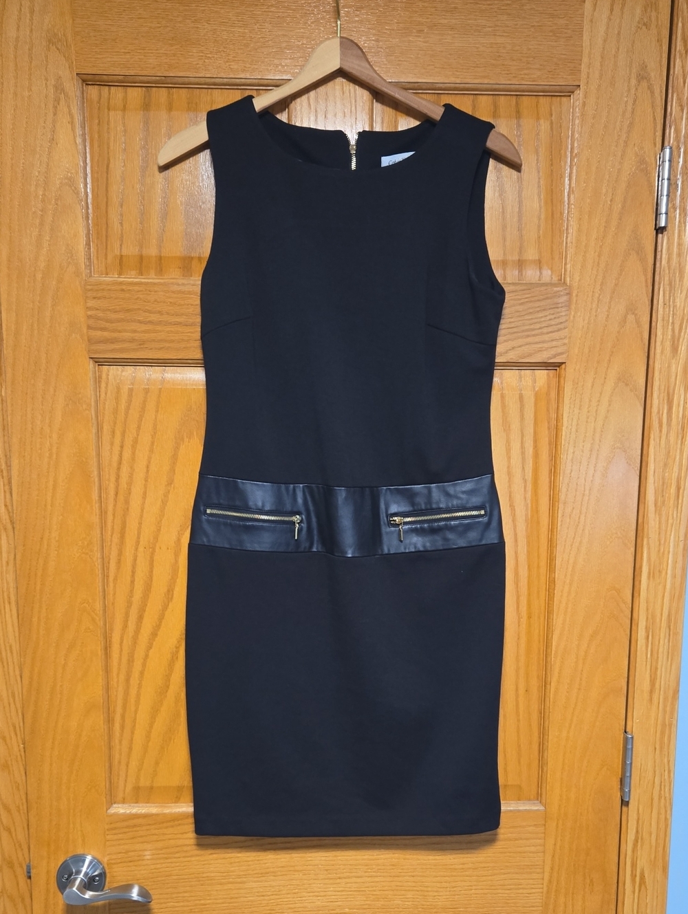 Calvin Klein Classic Black Sheath Dress with Leather-Trim Waist
